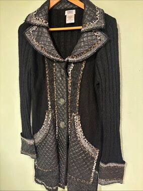 Monroe & Main Retro Black Quilted-Trim Knit Cardigan with Leather-Look Accents